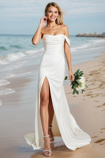White One Shoulder Mermaid Wedding Dress with Slit